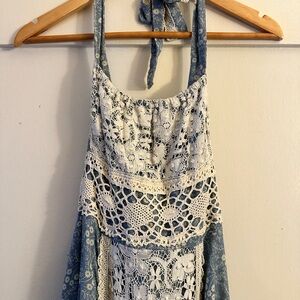 Vintage Gunne Sax Blue and White Lace Halter Dress